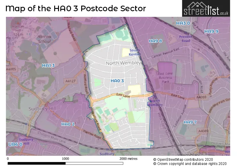 Map of the HA0 3 and surrounding postcode sector