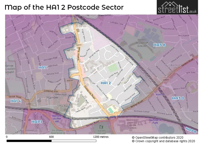 Map of the HA1 2 and surrounding postcode sector