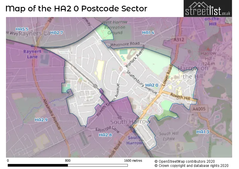 Map of the HA2 0 and surrounding postcode sector