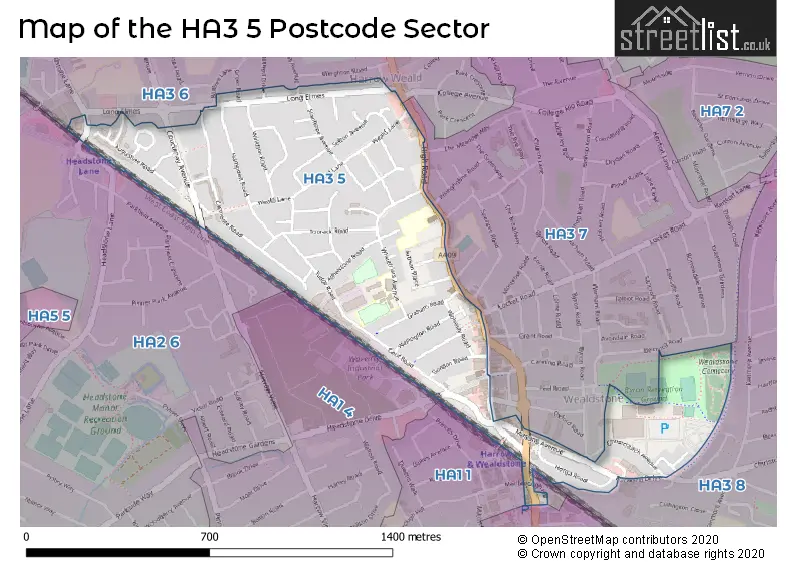 Map of the HA3 5 and surrounding postcode sector