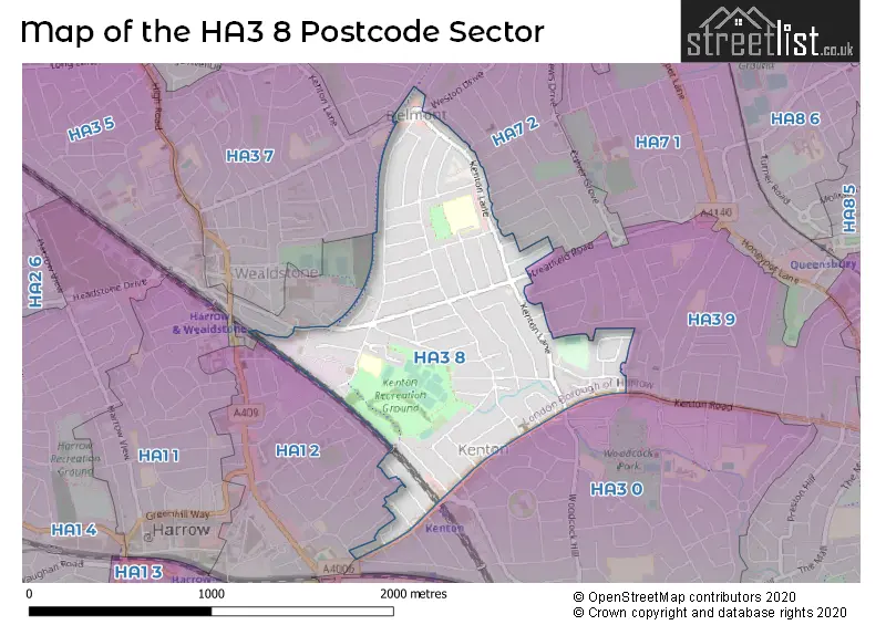 Map of the HA3 8 and surrounding postcode sector