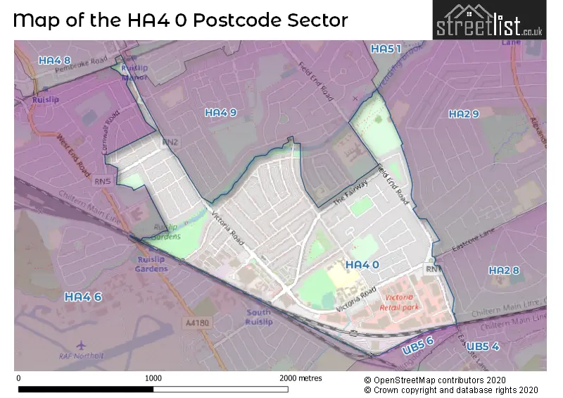 Map of the HA4 0 and surrounding postcode sector