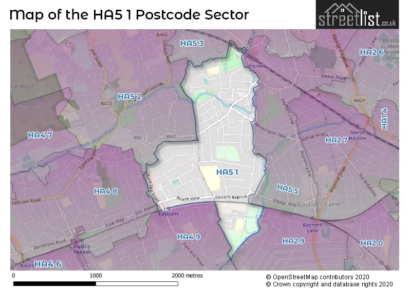 Map of the HA5 1 and surrounding postcode sector