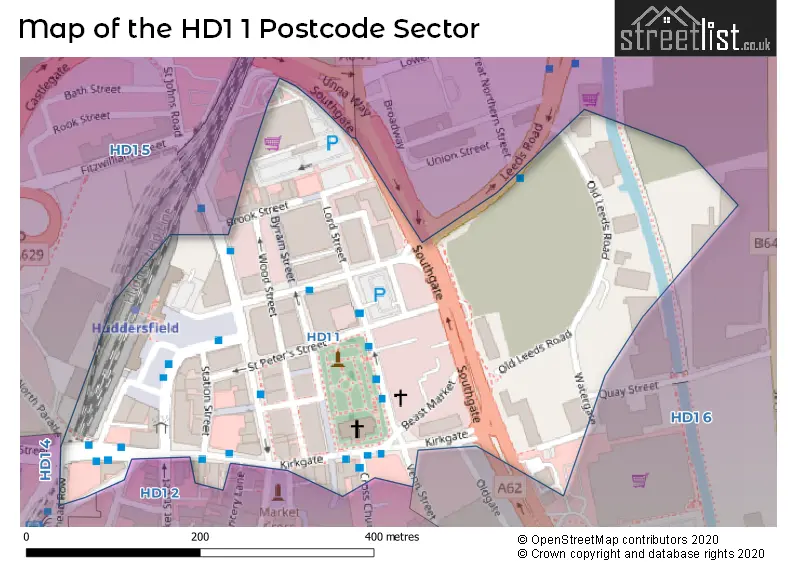 Map of the HD1 1 and surrounding postcode sector