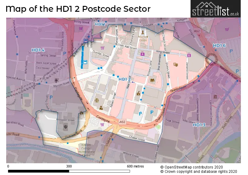 Map of the HD1 2 and surrounding postcode sector