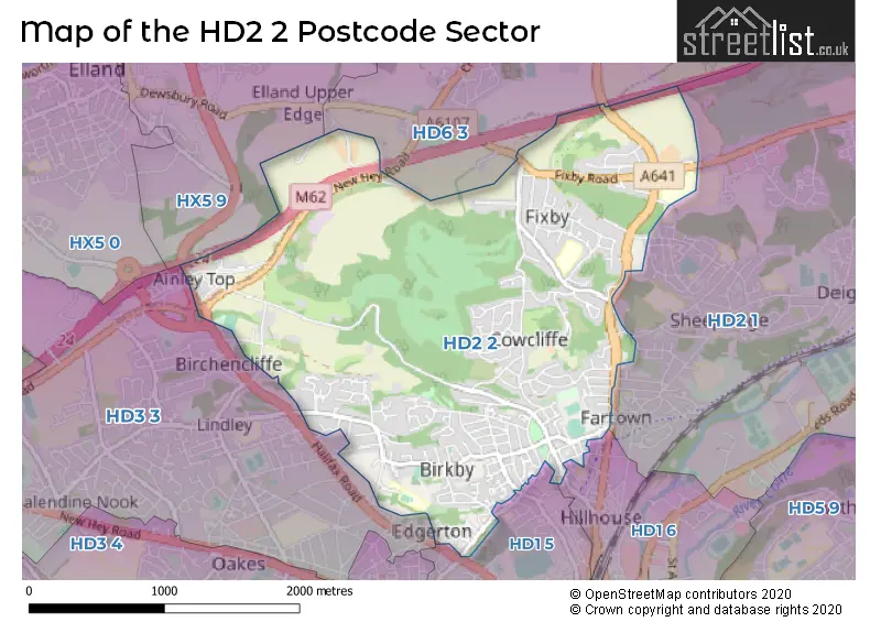 Map of the HD2 2 and surrounding postcode sector