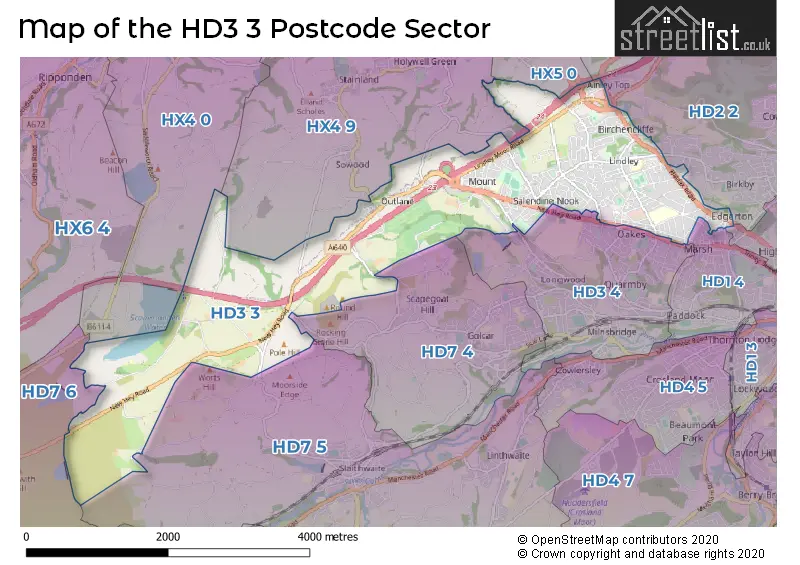 Map of the HD3 3 and surrounding postcode sector