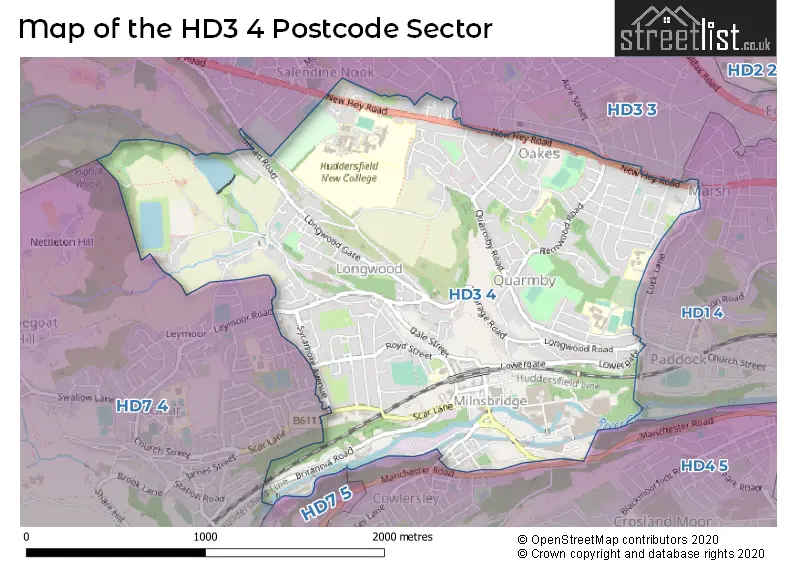 Map of the HD3 4 and surrounding postcode sector