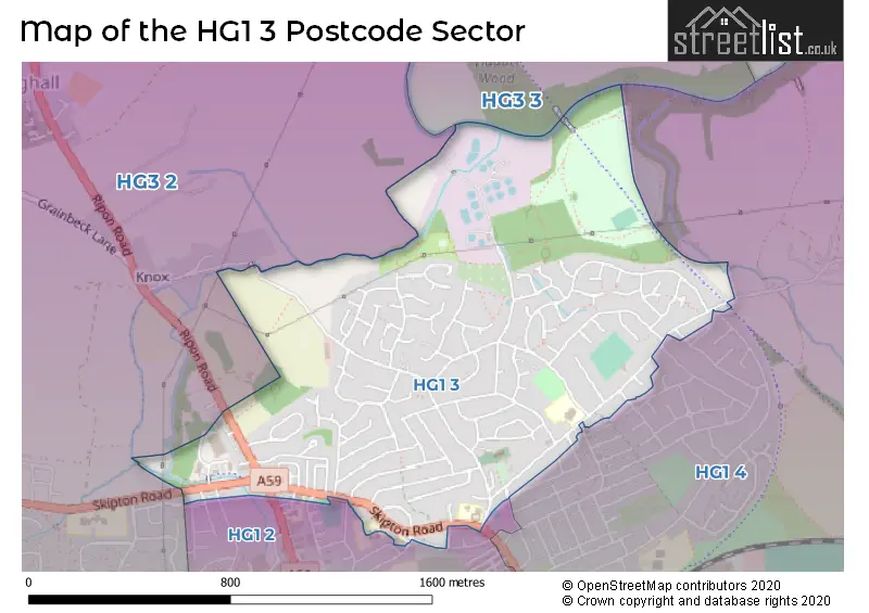 Map of the HG1 3 and surrounding postcode sector