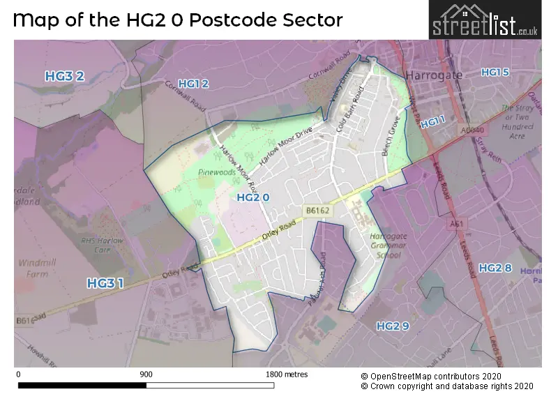 Map of the HG2 0 and surrounding postcode sector