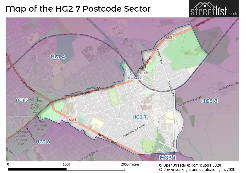 Map of the HG2 7 and surrounding postcode sector