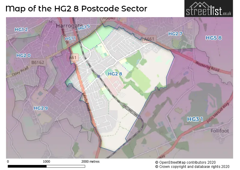 Map of the HG2 8 and surrounding postcode sector