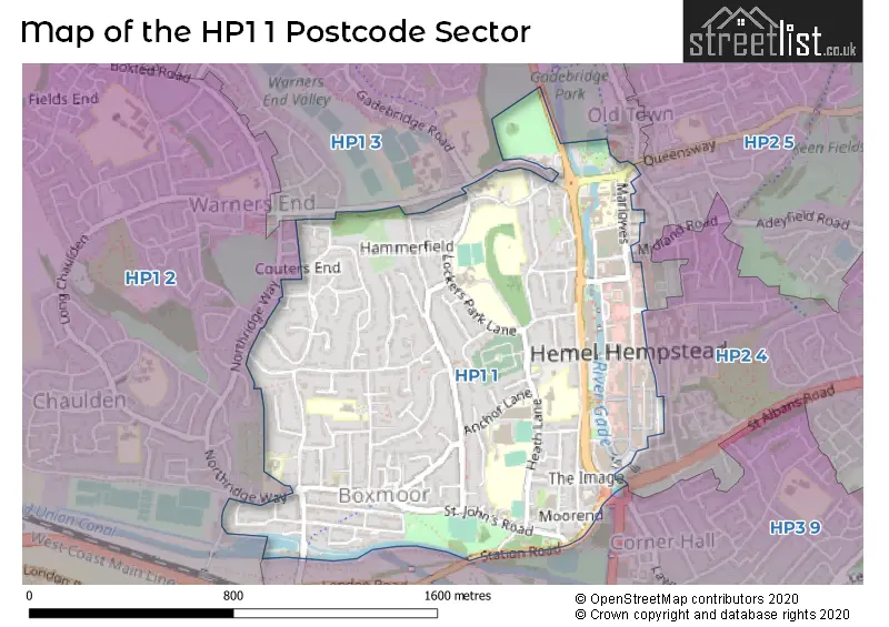 Map of the HP1 1 and surrounding postcode sector