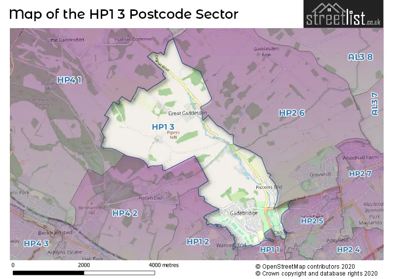 Map of the HP1 3 and surrounding postcode sector