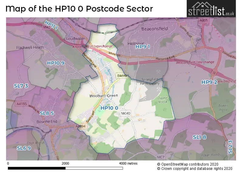 Map of the HP10 0 and surrounding postcode sector