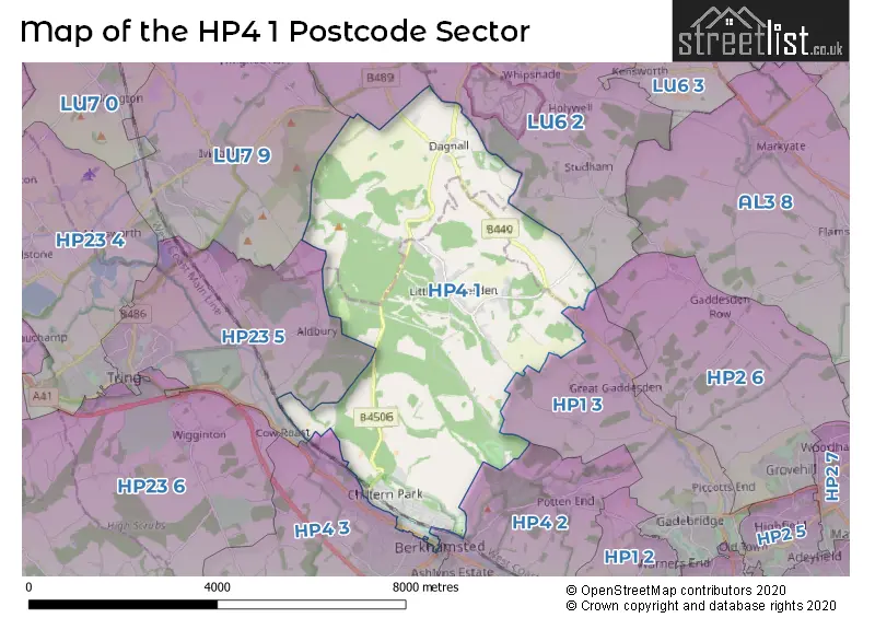 Map of the HP4 1 and surrounding postcode sector