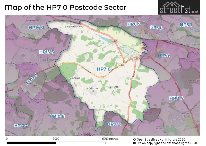 Map of the HP7 0 and surrounding postcode sector