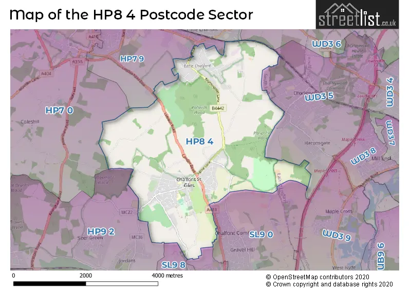 Map of the HP8 4 and surrounding postcode sector