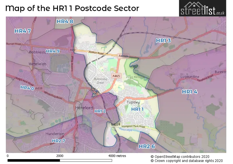 Map of the HR1 1 and surrounding postcode sector