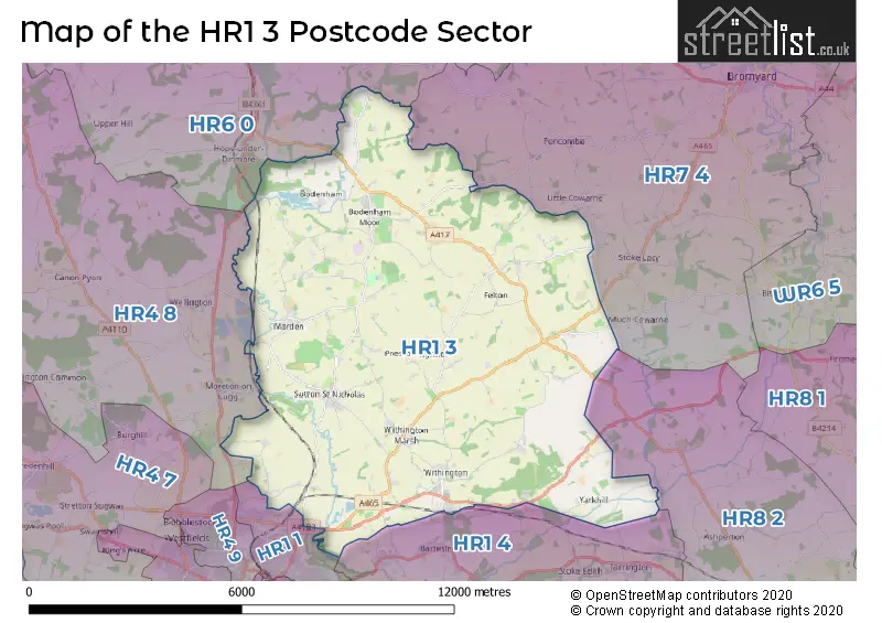 Map of the HR1 3 and surrounding postcode sector