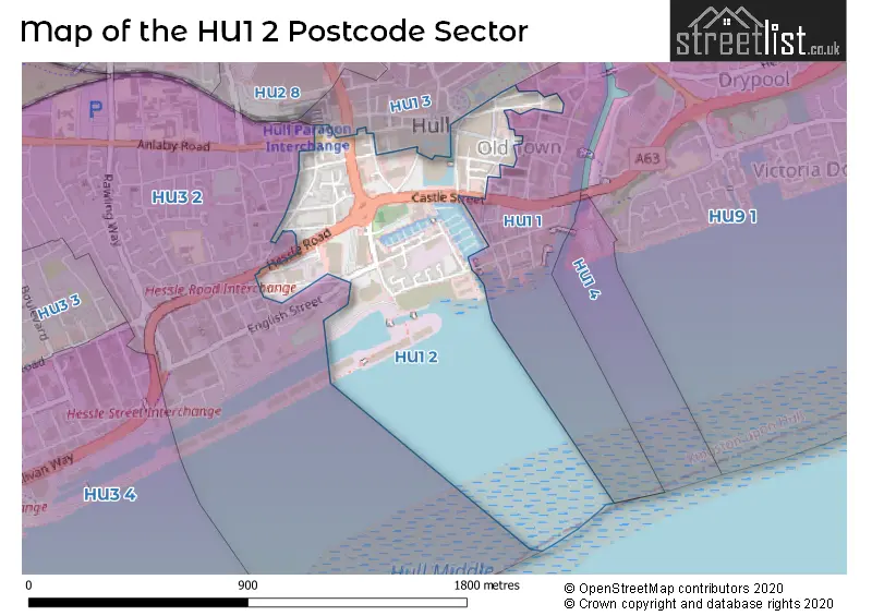 Map of the HU1 2 and surrounding postcode sector