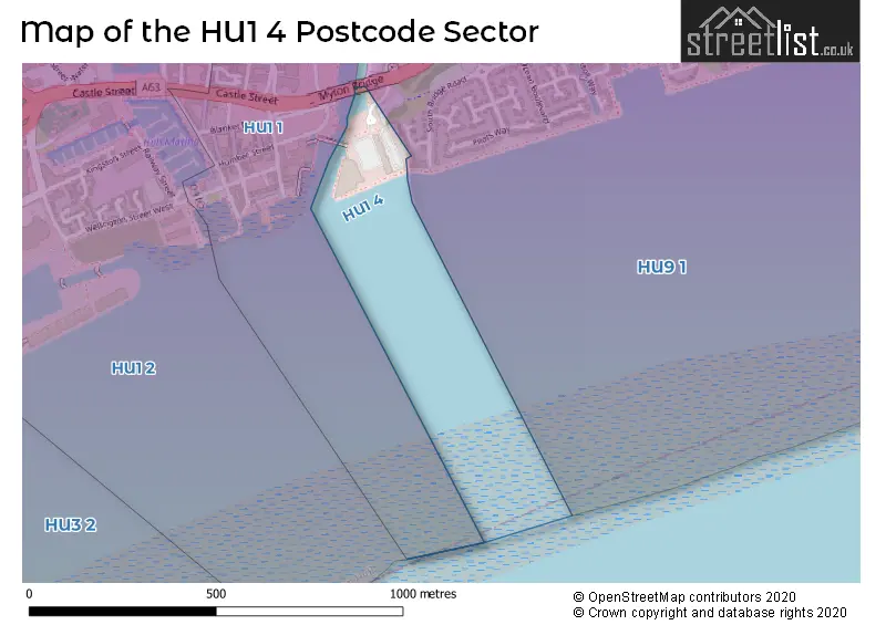 Map of the HU1 4 and surrounding postcode sector