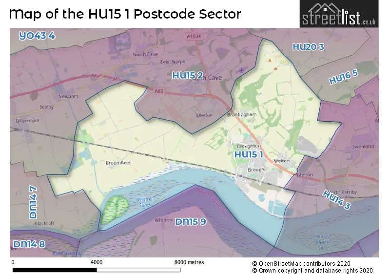 Map of the HU15 1 and surrounding postcode sector