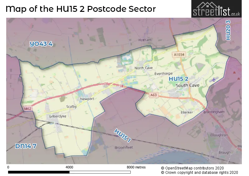 Map of the HU15 2 and surrounding postcode sector