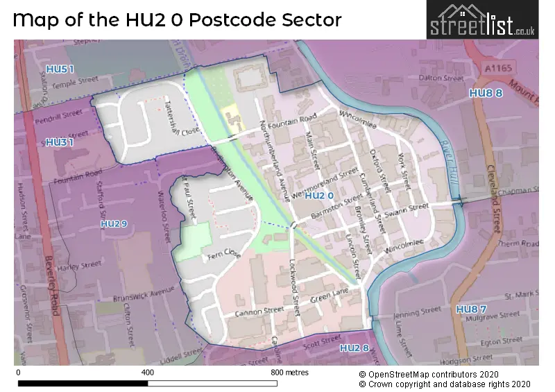 Map of the HU2 0 and surrounding postcode sector