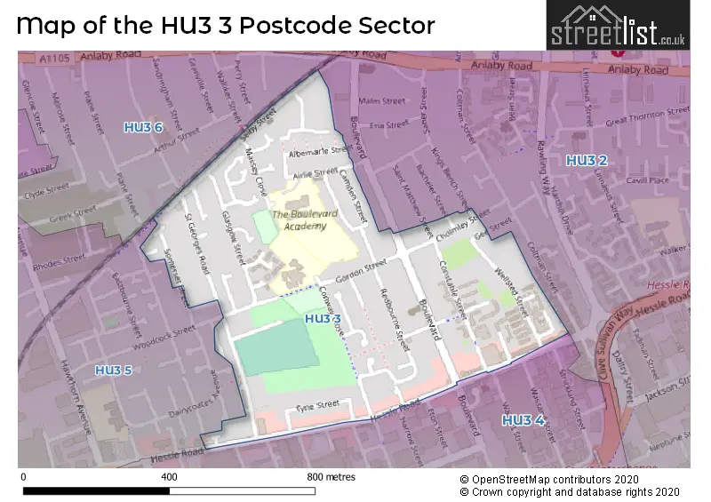 Map of the HU3 3 and surrounding postcode sector