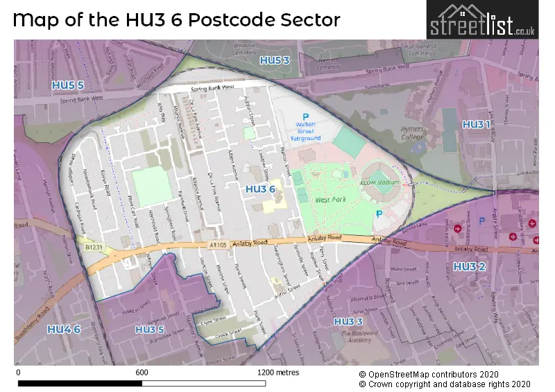 Map of the HU3 6 and surrounding postcode sector