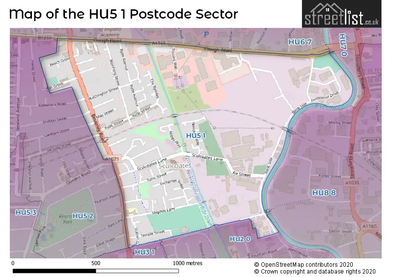 Map of the HU5 1 and surrounding postcode sector