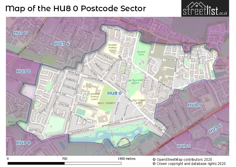 Map of the HU8 0 and surrounding postcode sector