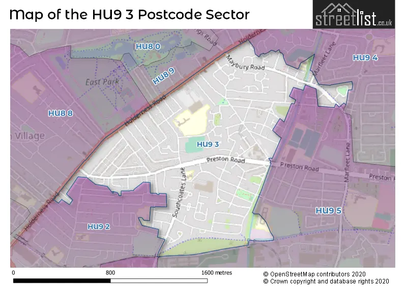 Map of the HU9 3 and surrounding postcode sector