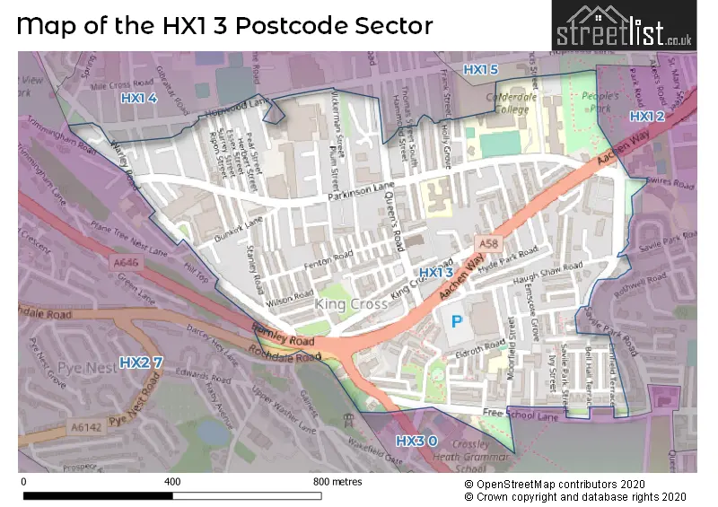 Map of the HX1 3 and surrounding postcode sector