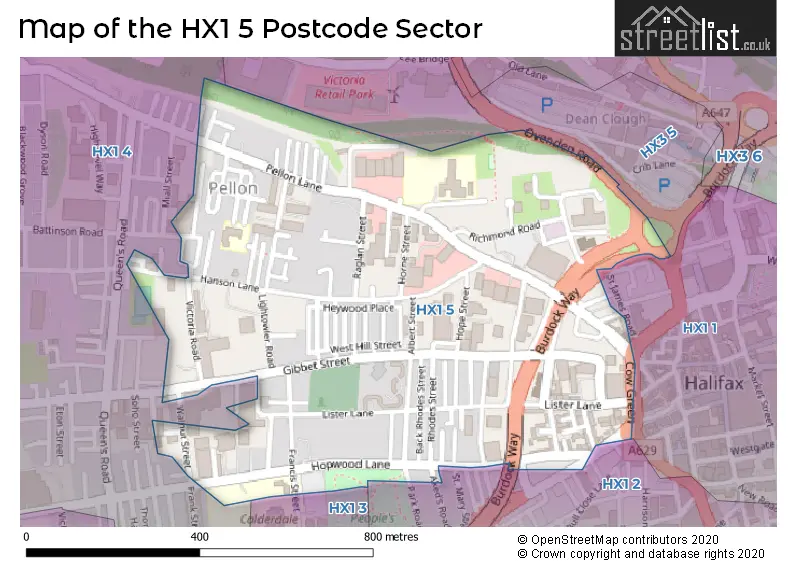 Map of the HX1 5 and surrounding postcode sector