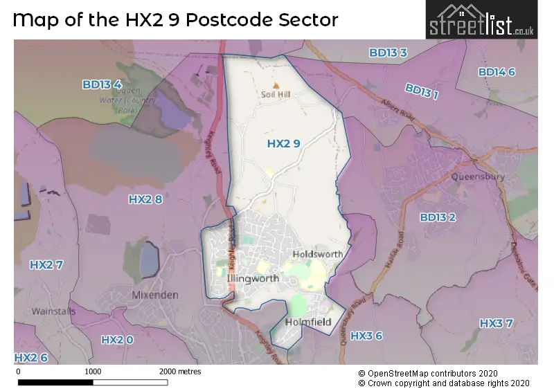 Map of the HX2 9 and surrounding postcode sector