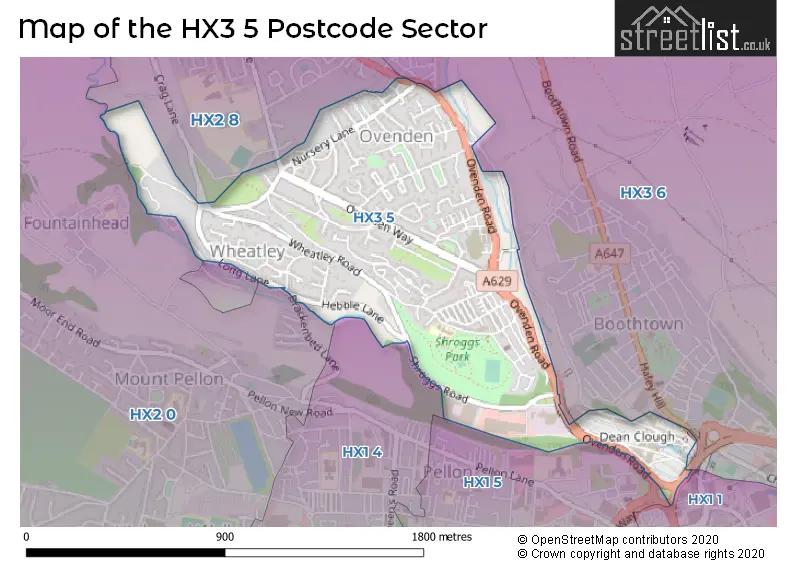 Map of the HX3 5 and surrounding postcode sector