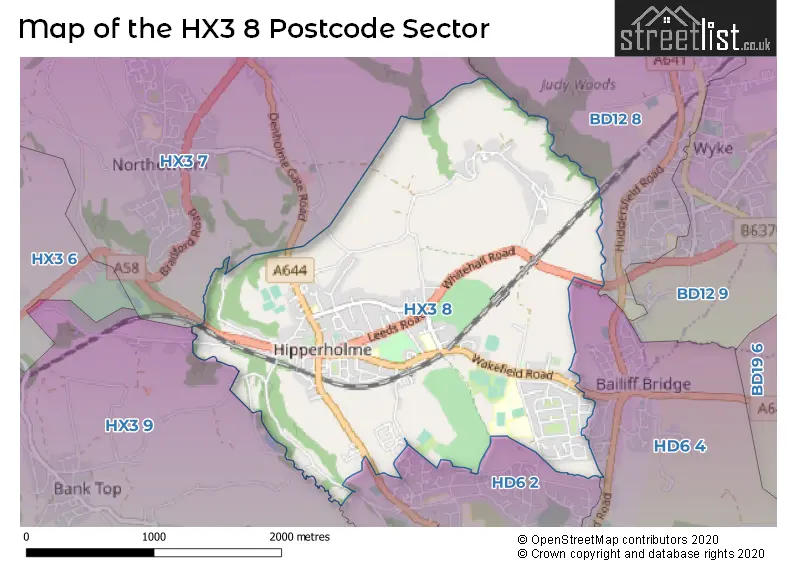 Map of the HX3 8 and surrounding postcode sector