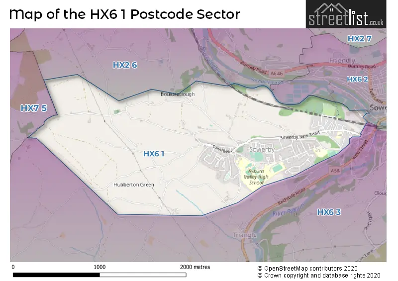 Map of the HX6 1 and surrounding postcode sector