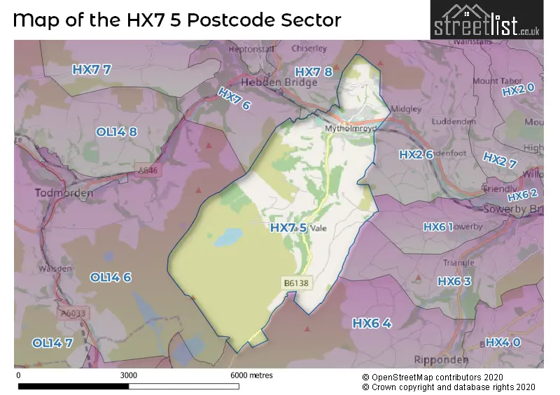 Map of the HX7 5 and surrounding postcode sector