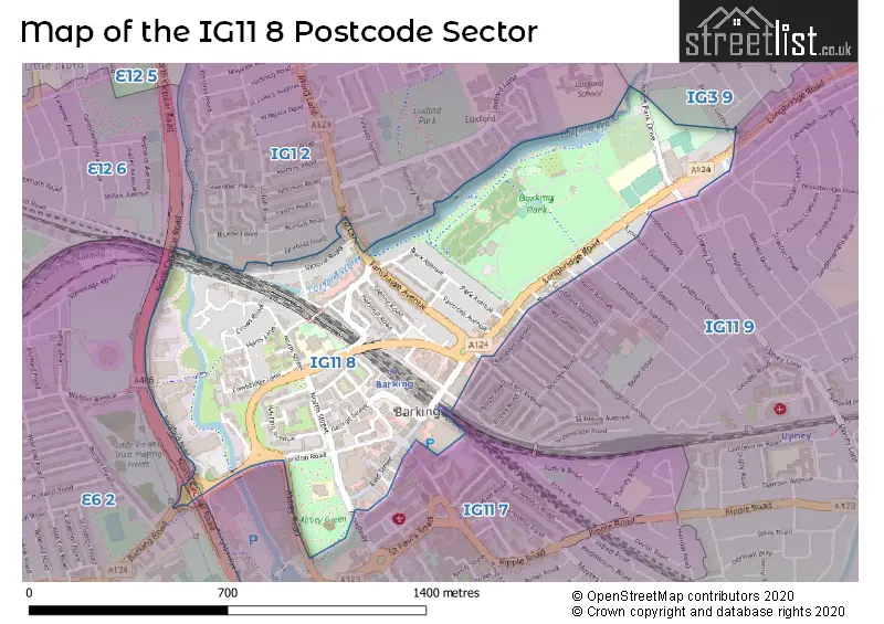 Map of the IG11 8 and surrounding postcode sector