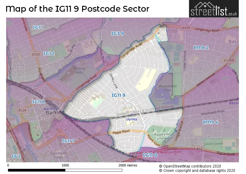 Map of the IG11 9 and surrounding postcode sector