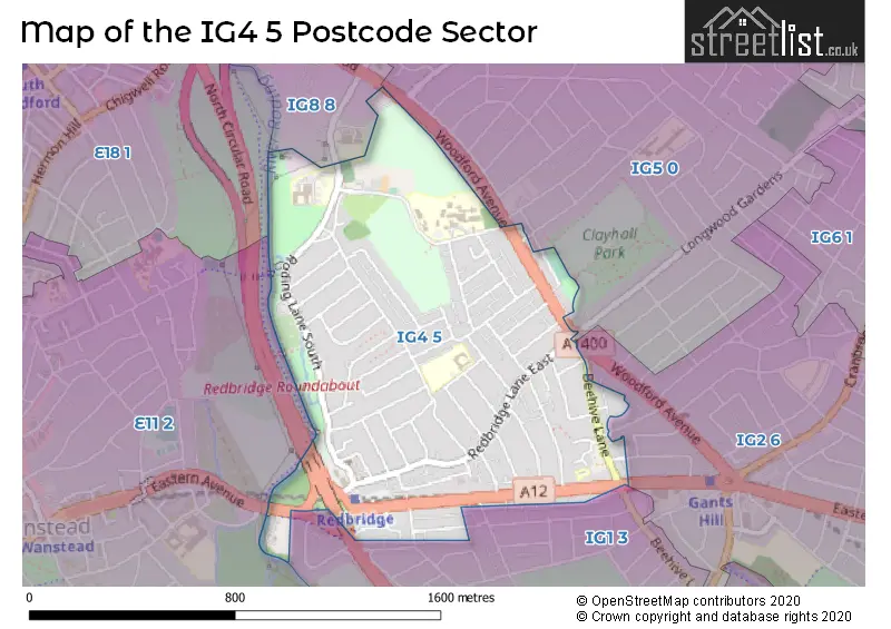 Map of the IG4 5 and surrounding postcode sector