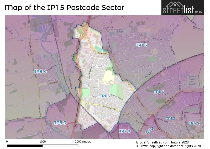 Map of the IP1 5 and surrounding postcode sector