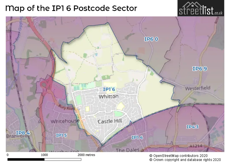 Map of the IP1 6 and surrounding postcode sector