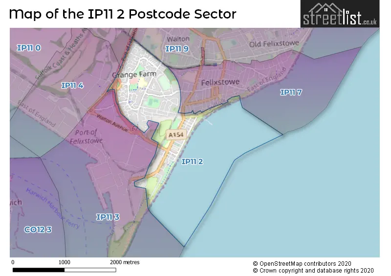 Map of the IP11 2 and surrounding postcode sector