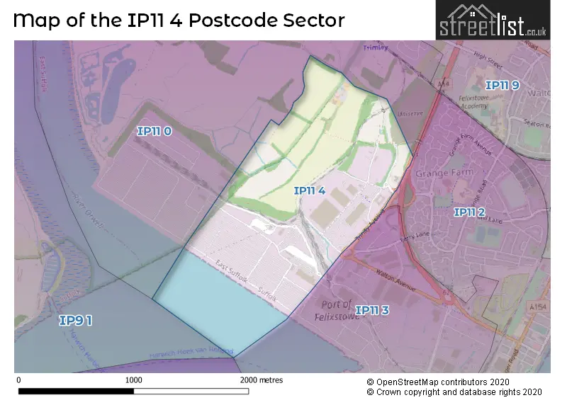 Map of the IP11 4 and surrounding postcode sector