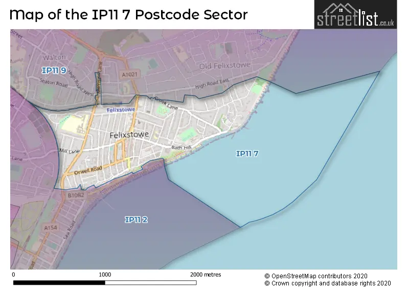 Map of the IP11 7 and surrounding postcode sector