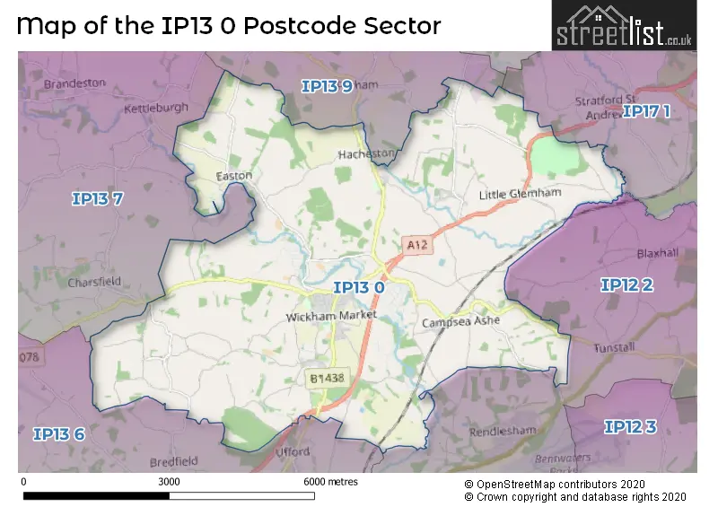 Map of the IP13 0 and surrounding postcode sector